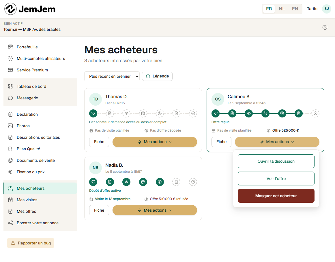 Liste des acheteurs intéressés, chacun avec sa progression dans le parcours, sa visite, son offre, et le menu d'actions du vendeur.