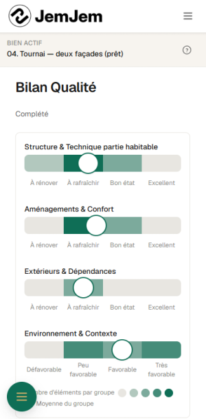 Bilan Qualité sur téléphone : les quatre jauges d'état, chacune posée entre À rénover et Excellent, avec la moyenne du groupe.