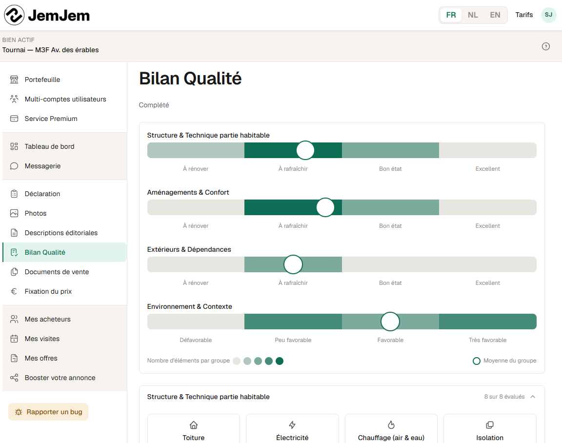 Bilan Qualité : quatre jauges d'état — structure, aménagements, extérieurs, environnement — puis le détail élément par élément.