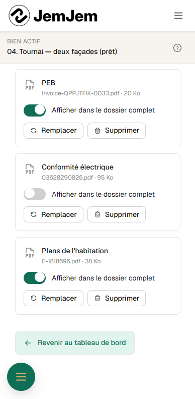 Documents de vente sur téléphone : trois documents déposés, chacun avec sa taille et son réglage de visibilité dans le dossier complet.