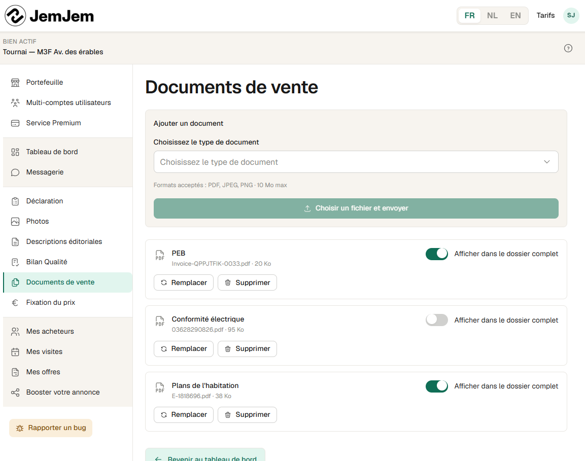 Documents de vente : ajout d'une pièce, et la liste des documents déposés avec leur visibilité dans le dossier complet.