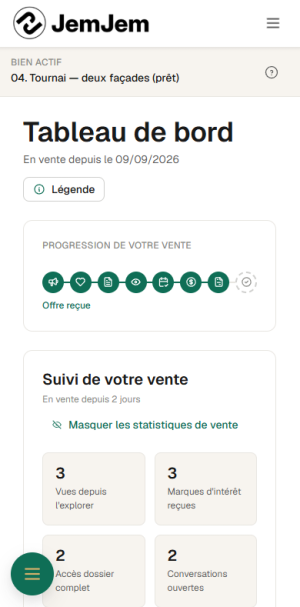 Tableau de bord sur téléphone : la frise de progression de la vente et les compteurs de vues, de marques d'intérêt et de conversations.
