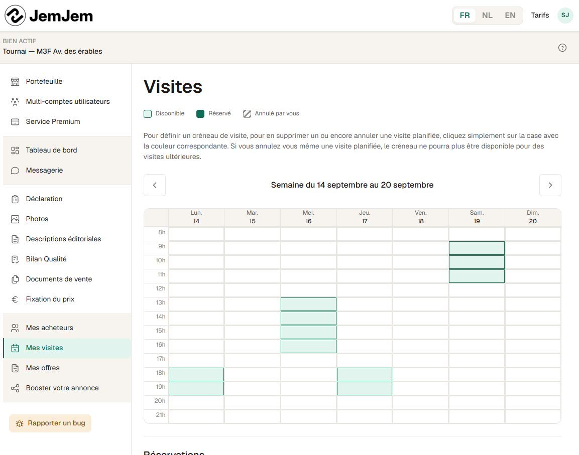 Calendrier hebdomadaire des créneaux de visite proposés, et la liste des réservations reçues.